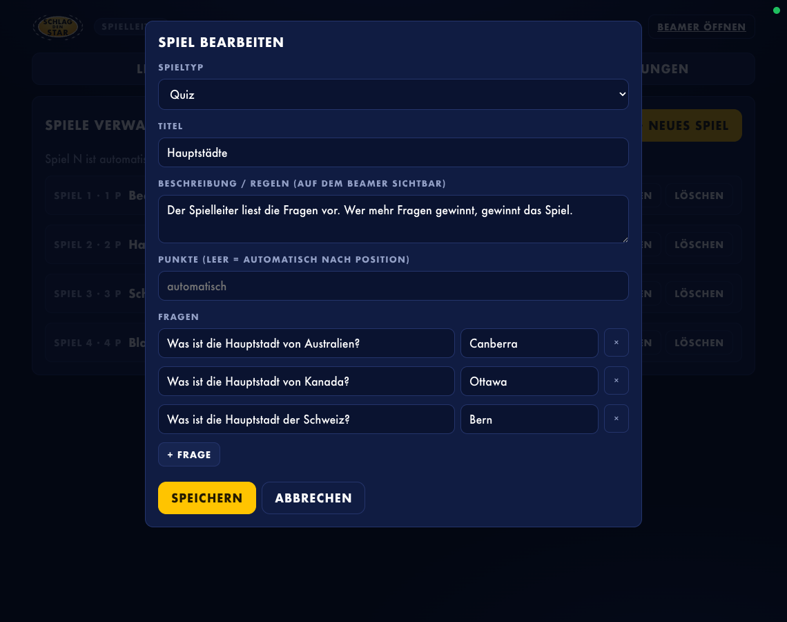 Spiel-Editor mit Fragen